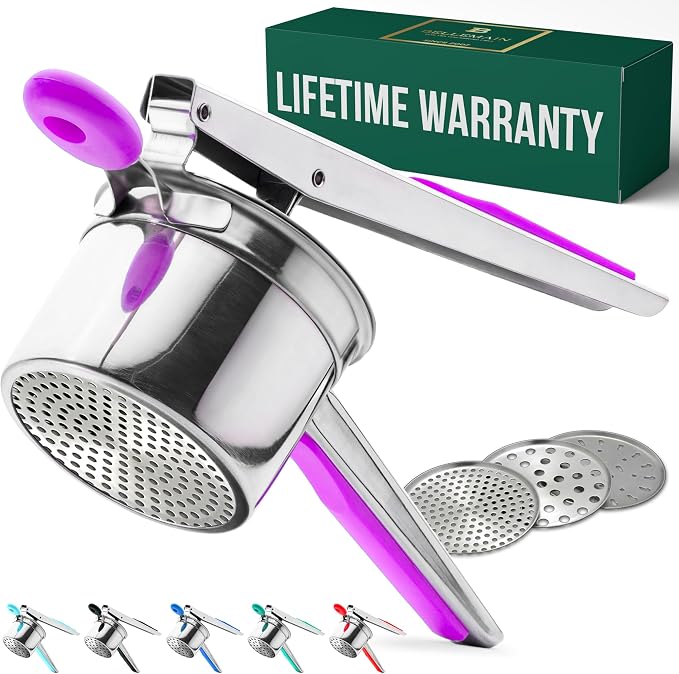 Bellemain Heavy-Duty Stainless Steel Potato Ricer & Masher | 15 oz, Perfect for Mashed Potatoes | Kitchen Tool with 3 Interchangeable Discs (Purple)