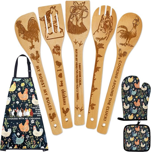 8 PCS Chicken Bamboo Cooking Spoon with Apron and Oven Mitts,Rooster Kitchen Utensil Decor Gifts for Women Chicken Lovers,Roosters Themed Decorations for Home,Housewarming,Birthday,Mother's Day,Easter