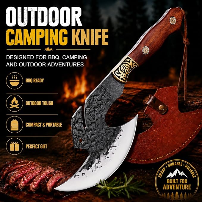 Topfeel Hand Forged Viking Knife 6.2" Meat Cleaver with Sheath, Chinese Kitchen Axe Boning Knife for Meat Cutting, High Carbon Steel Butcher Knife Home Outdoor BBQ Camping Birthday Gifts for Men Dad
