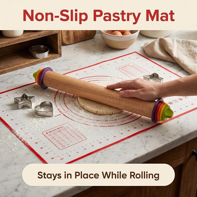 Adjustable Rolling Pin with Thickness Rings & Silicone Baking Mat, 13.78" Dough Roller with 4 Multicolored Rings,Wooden Rolling Pins for Baking, Bread, Pizza Doughs-Home Baking Gift