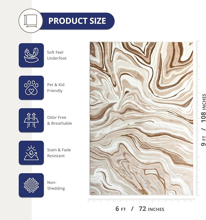 Abani Regal Beige Brown Swirl Lines Area Rug 6' x 9' for Living Room, Bedroom - Abstract Design - Durable & Washable
