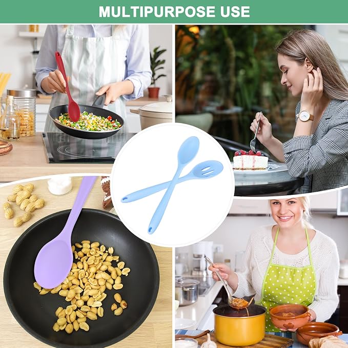 M METERXITY 2-Pack Silicone Spoons for Cooking, 10.6" Mixing Nonstick Slotted and Solid Serving Spoons Heat Resistant Utensils Spoons for Kitchen/Cooking/Baking/Stirring Mixing Tools [Blue]