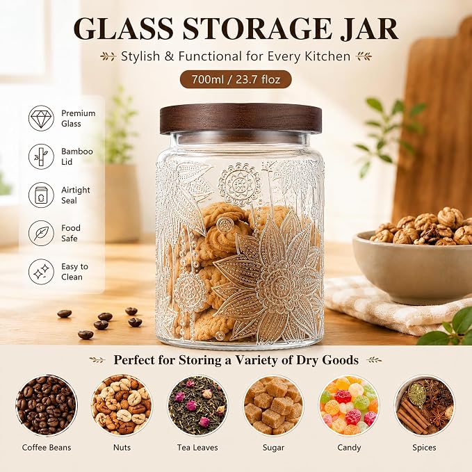 23.7 fl oz Vintage Glass Jar with Wooden Lid, Airtight Decorative Food Storage Canisters for Kitchen Counter & Pantry, Ideal for Candy, Sugar, Coffee,salt, Tea, Cereal, Flour, Oats
