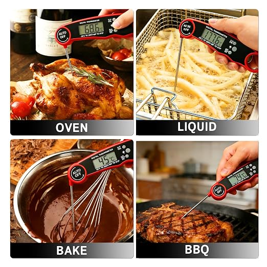 Digital Instant Read Meat Thermometer, Waterproof Red | 3-4 sec instant read cooking thermometer with ±2°F accuracy, ideal for grilling, BBQ, smoker, oven, baking & air frying