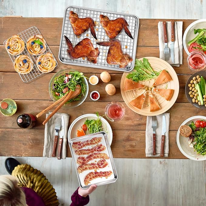 P&P CHEF 12.5+9 Inch Toaster Oven Pan Tray with Wire Rack, 4 PCS | Baking Sheet Pan + Cooling Rack for Cooking/Roasting, Dishwasher Safe & Rust Free, Non-toxic & Sturdy