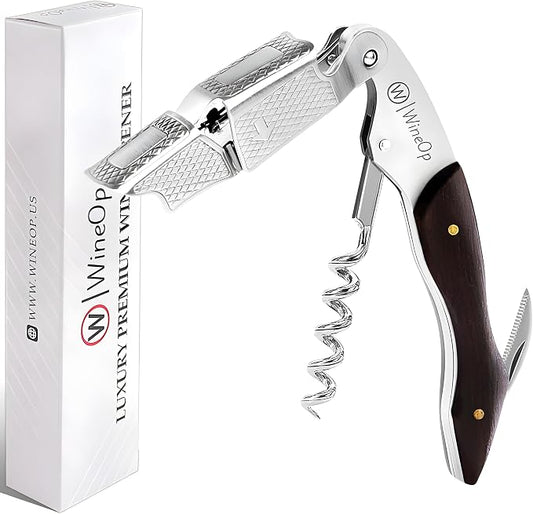 WineOp Professional Wine Opener Luxury Double Hinged Waiter's Corkscrew Wine Bottle Key - Cork screwer for Servers, Bartenders, Sommelier and Home Use | All-In-One Stainless Steel (Ebony Wood Handle)