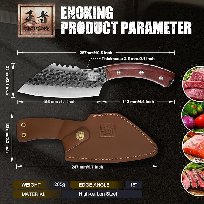 ENOKING 6.1 Inch Meat Cleaver Knife with Sheath, Hand Forged Butcher Knife for Meat Cutting, Full Tang Chef Knife for Kitchen, Outdoor Cooking, Camping, BBQ, with Gift Box