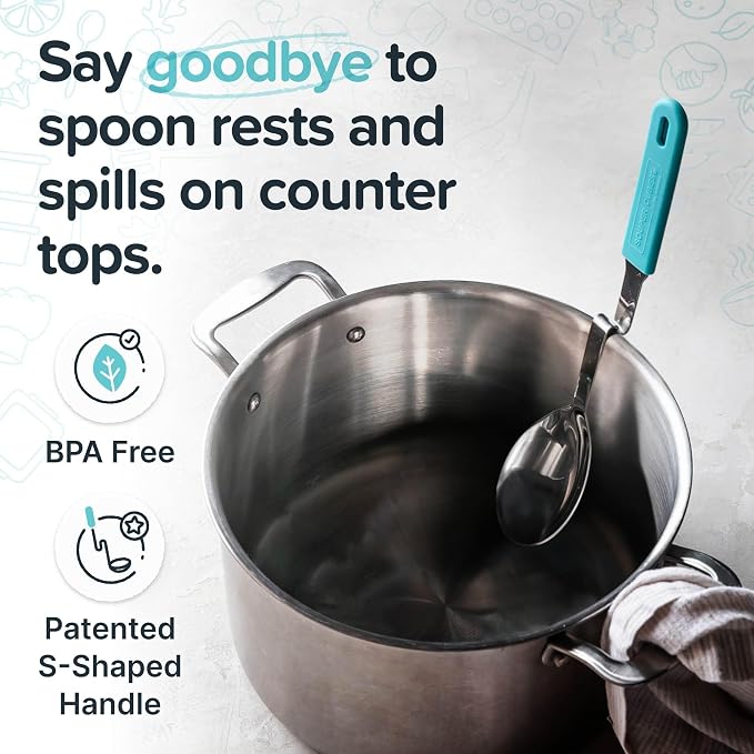 Souper Cubes + Lori Greiner No Mess Stainless Steel Cooking Spoon with Silicone Handle - Stainless Steel Serving Spoon No Mess Design Hooks on Side of Any Pot - Aqua