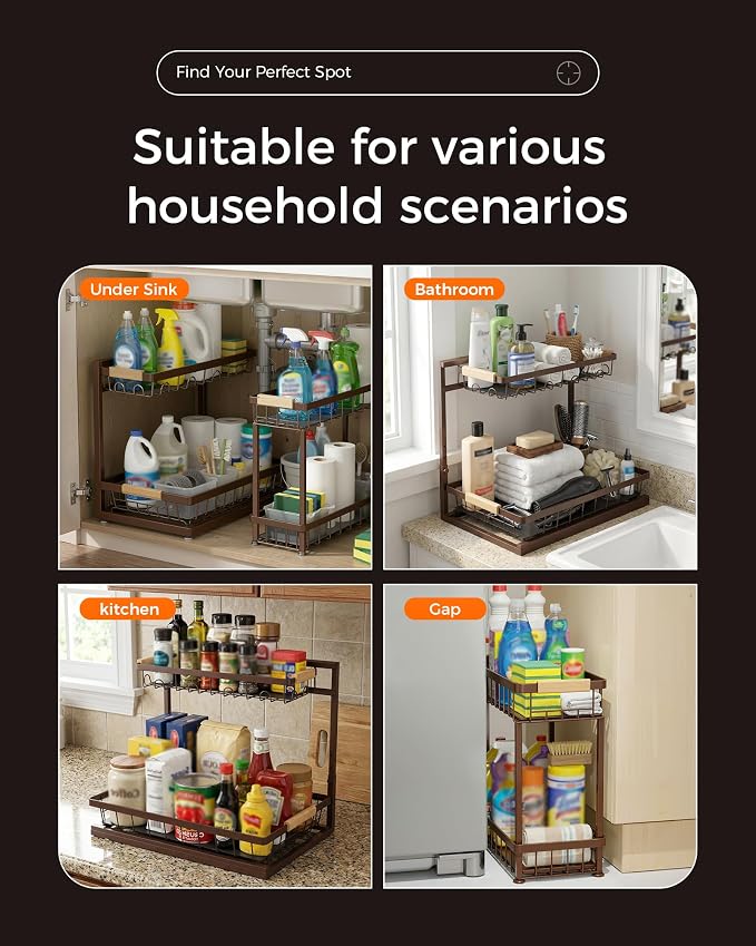 2-Pack 2-Tier Height Adjustable Under Sink Organizer & Storage | Multi-purpose storage for kitchen & bathroom cabinet. Extra Large brown shelf, height adjustable design for space-saving.