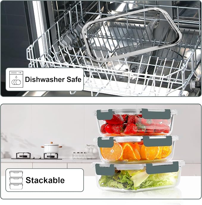 VERONES 10 PACK 22 OZ Glass Meal Prep Containers Set with Lids, Grey | Airtight Glass Lunch Containers Set, Glass Food Storage Containers, for Microwave, Oven, Freezer & Dishwasher Friendly
