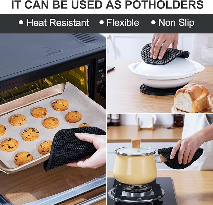4 PCS Heat Resistant Silicone Trivet Mats for Hot Dishes, Hot Pots and Pans | Multipurpose Non-Slip Pot Holders Hot Pads Coasters for Kitchen, Countertop, Table, Thick Round Square Trivet, Black