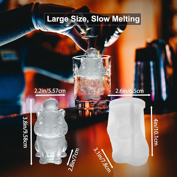 3D Capybara Ice Cube Silicone Molds Tray for Whiskey, Cocktail, Drink, Bar; Rich Details. Fun Animal Mold for Craft Taba Squishy Chocolate Soap Candle Resin Gift for Women Girls Boys; 2 Pack