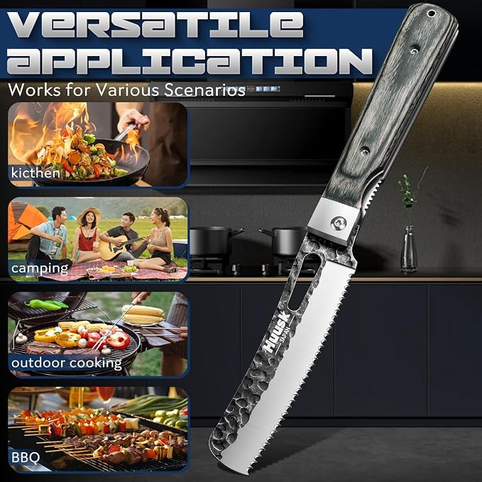 Huusk Japanese Folding Bread Knife - Pocket Knife with Wide Wavy Edge for Homemade Bread, Steak and Tomato - Hand Forged Kitchen Knives for BBQ, Camping and Travel - Gift for Men and Women