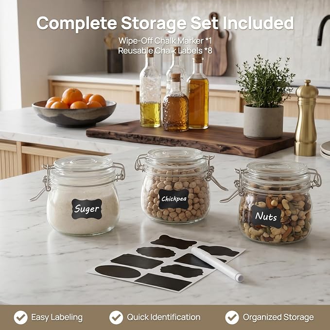 Vtopmart 16oz Glass Food Storage Jars with Airtight Clamp Lids, 3 Pack | Food Storage Canisters, Wide Mouth Canning Jars for Spices, Jams, Coffee Beans, Pickles, Pantry Organization, Shallow Drawers