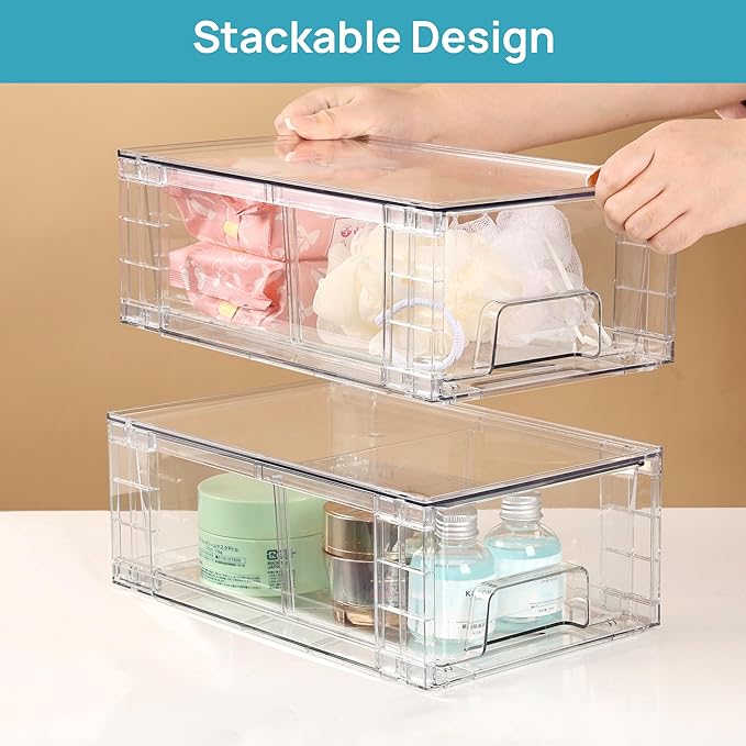 Vtopmart 4 Pack Stackable Clear Drawer with Dividers | Easy Assembly, Stackable Storage, Removable Dividers, Non-Slip Design, For Fridge, Under Sink, Pantry & Bathroom