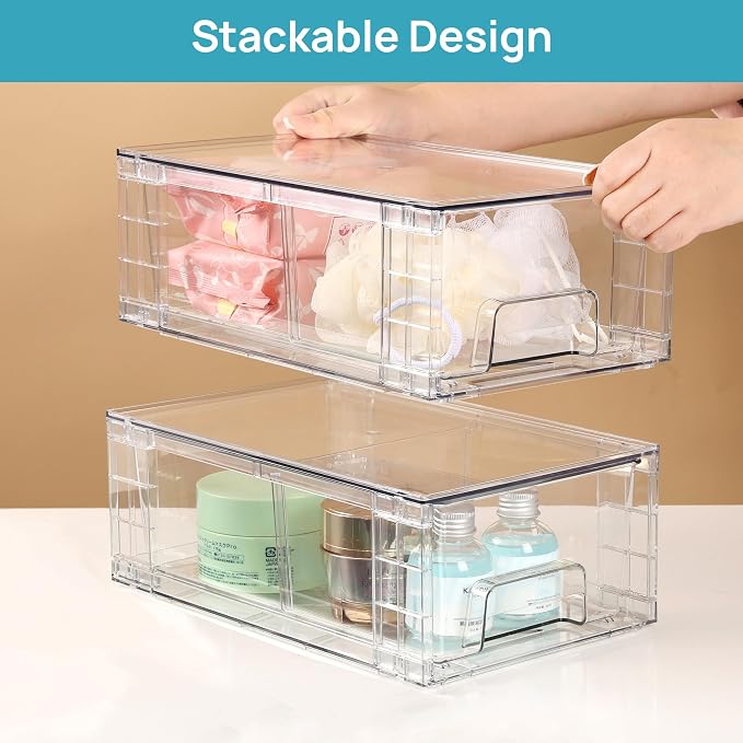 Vtopmart 6 Pack Stackable Storage Drawers,Clear Acrylic Drawer Organizers with Handles, Easily Assemble Containers for Fridge, Bathroom,Kitchen Undersink,Cabinet,Pantry Organization and Storage | Clear Drawer Organizers with Removable Dividers for Flex...