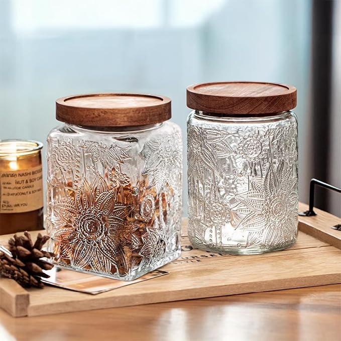 Glass Storage Jars With Airtight Lid, 23.7oz Container For Kitchen Counter with Wood Lid, brown sugar, candy, coffee, cookie, salt, tea, cute Jar (Square Sunflower*1)