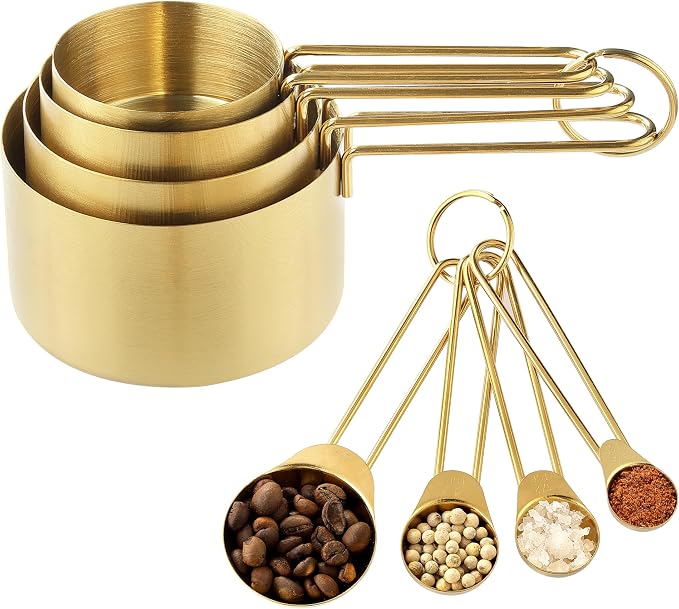 Measuring Cups and Spoons Set, Kaloo 8PCS Stainless Steel Metal Measuring Cups, Gold Finish, Ideal for Cooking and Baking