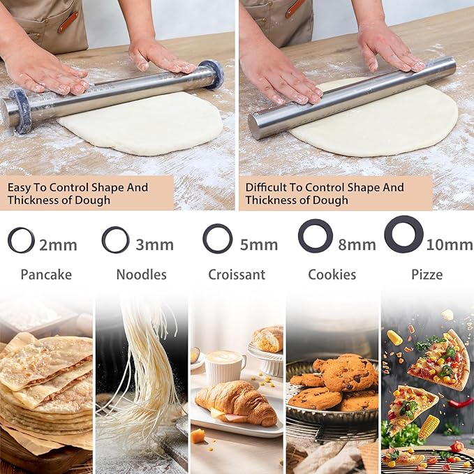Adjustable Rolling Pin with Thickness Rings for Baking -Non Stick Stainless Steel Dough Roller Pin with Bands for Cookie,Wood,Wooden and Bread (Grey, 17.5'')