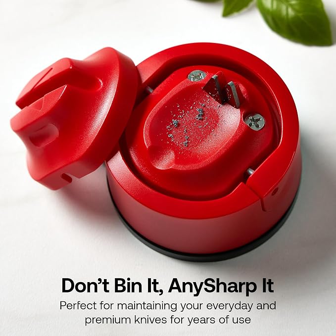 AnySharp – Evo – Hands Free Knife Sharpener - Easy to Use Sharpening Tool with Improved PowerGrip Suction Base and 20-Deg Pre-Set Angle - for All Knives: Chef's, Serrated, and Hardened Steel - Red