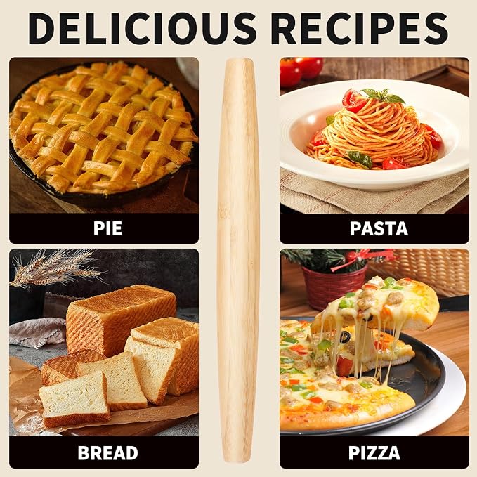 Classic Wood Rolling Pin, Wooden Roll Pin, Natural Wooden Roller with No Dents or Gaps for Baking Pizza Dough, Pie, Cookie and Pastry, 13Inch