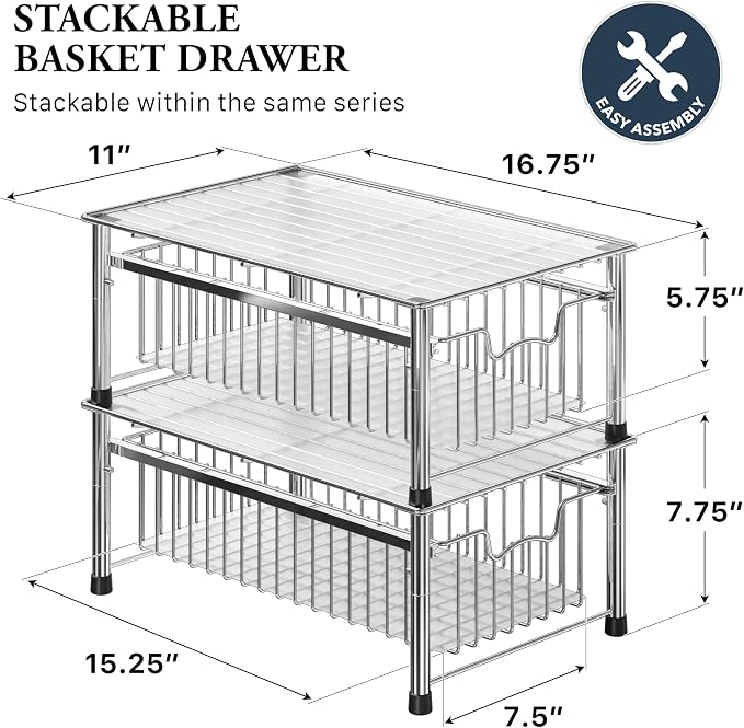 Simple Houseware Stackable Basket Drawer, Chrome