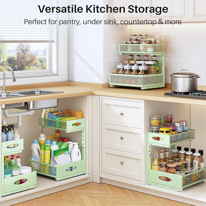 Under Sink Organizer, 2 Tier Pull Out Under Cabinet Organizer Shelf with Pad for Framed Cabinets, Metal Slide Out Under Sink Storage, Mesh Sliding Drawers for Kitchen Bathroom Laundry(Green, 1 Pack)