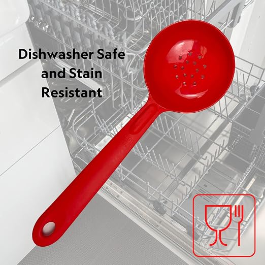 Rite-Size 10 oz. Perforated Round Circle Server Portion Utensil, Copolymer Plastic Heat Resistant Professional Cooking Tool, Red