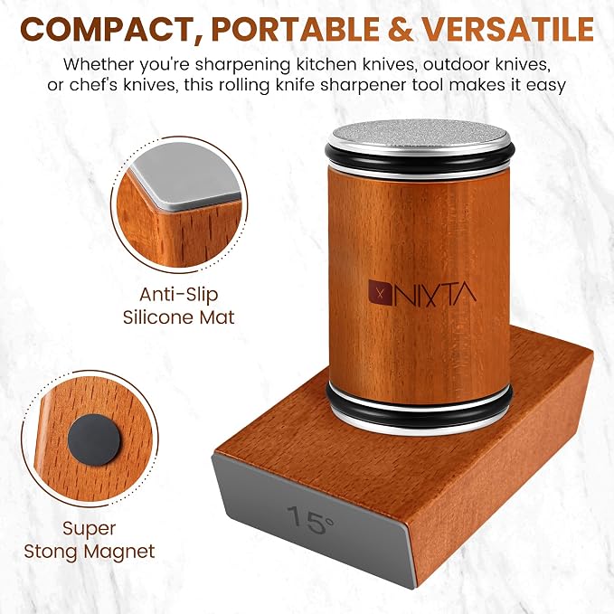 Nixta Rolling Knife Sharpener Kit – 3-Stage Manual Knife Sharpener for Kitchen, Chef & Serrated Knives – Knives Sharpener with Non-Slip Base – Knife Sharpening Kit