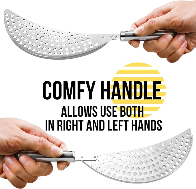 Held Crescent Drainer Pan Pot Strainer with Handle Stainless Steel Hand for Spaghetti Fry Noodles Fruit Vegetable Pasta Strainer Colander Heavy Duty Food Drainers