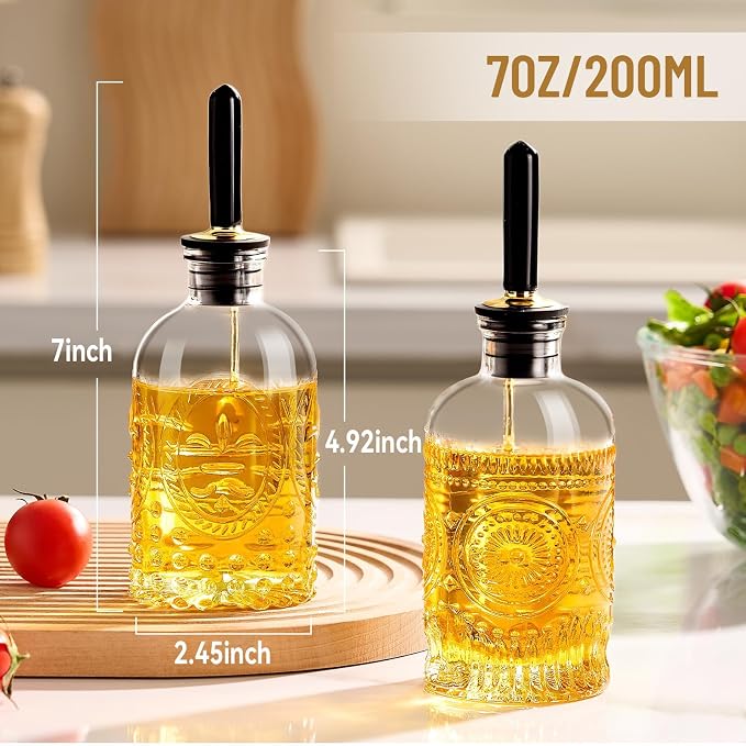 Baalaka Glass Olive Oil Dispenser Bottle Set, 7 oz, 2 Pack | Glass oil dispenser for kitchen with metal spouts; small oil bottles with funnel, labels and stoppers for syrup and juice