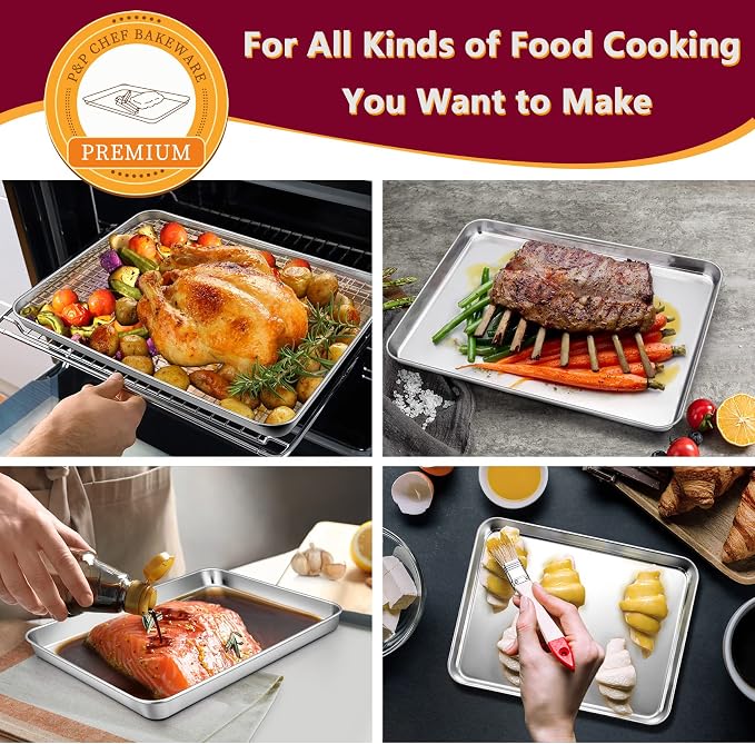 P&P CHEF 16 + 12.5 + 9 Inch Baking Sheet Pan and Cooking Rack - 6 Pieces | 3x Cookie Sheet + 3x Grid Rack, Stainless Steel Oven Tray with Wire Rack for Oven Baking, Healthy & Sturdy & Easy to Clean