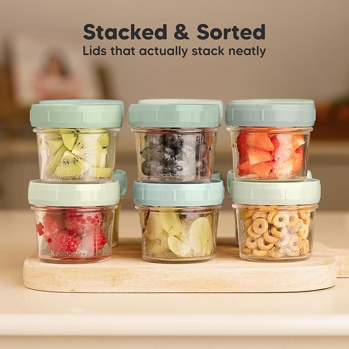 KeaBabies 6pk 4oz Glass Baby Food Containers with Lids, Leak-Proof (Sage) | Microwavable Small Glass Jars, Baby Purees, Toddler Snack Storage Containers, BPA-Free, Dishwasher-safe, Freezer Safe