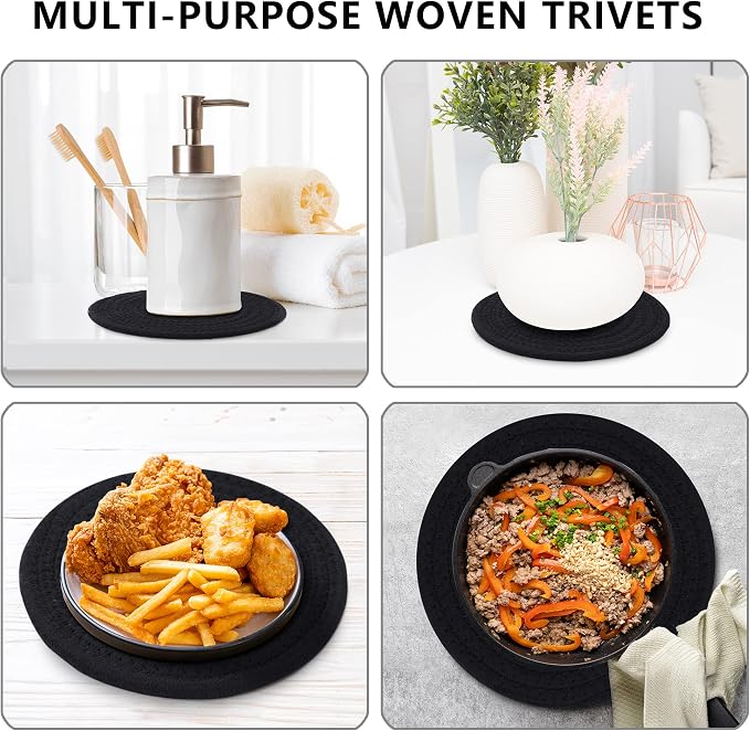 Coga Trivets for Hot Dishes, 5 Pack 7 Inch Cotton Hot Pads for Kitchen with Storage Basket, Round Pot Holders for Kitchen, Heat Resistant Mats for Countertop, Pots and Pans, Farmhouse Decor, Black