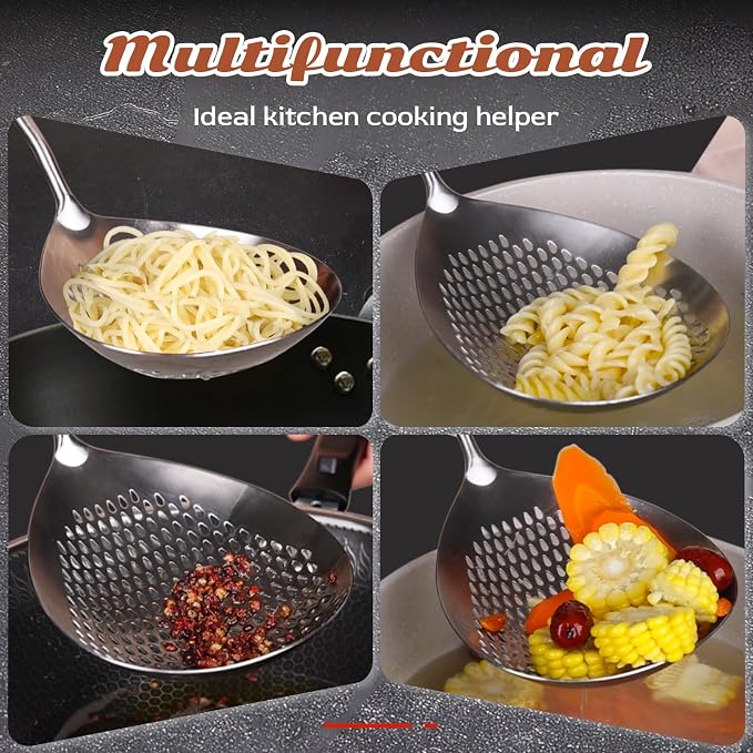 Skimmer Slotted Spoon -17in 304 Stainless Steel Pasta Spider Strainer Skimmer Ladle Spoon for Cooking and Frying - Kitchen Large Metal Scoop Colander Strainer Spoon with Heat Resistant Wooden Handle