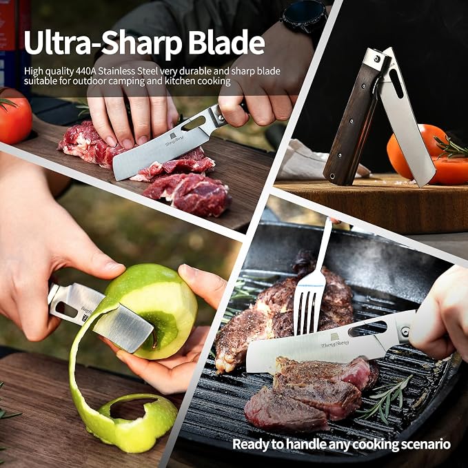 ZhengSheng Folding Chef Knife with Leather Pouch 4.8" Sharp 440A Stainless Steel Blade Wooden Handle Pocket Foldable Japanese Style Kitchen Knife for Outdoor Camping Cooking.