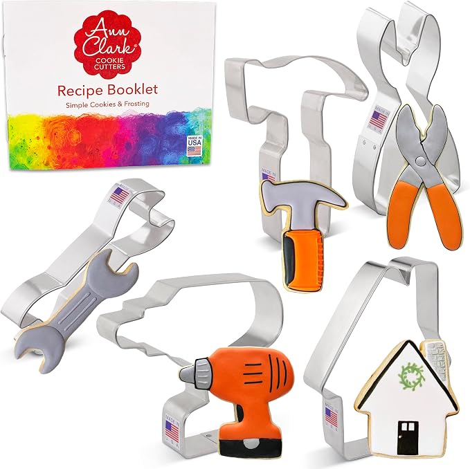 Ann Clark Father’s Day 5-Pc. Construction Tools Cookie Cutter Set, Made in USA, Cordless Drill, Hammer, Wrench, Pliers and House