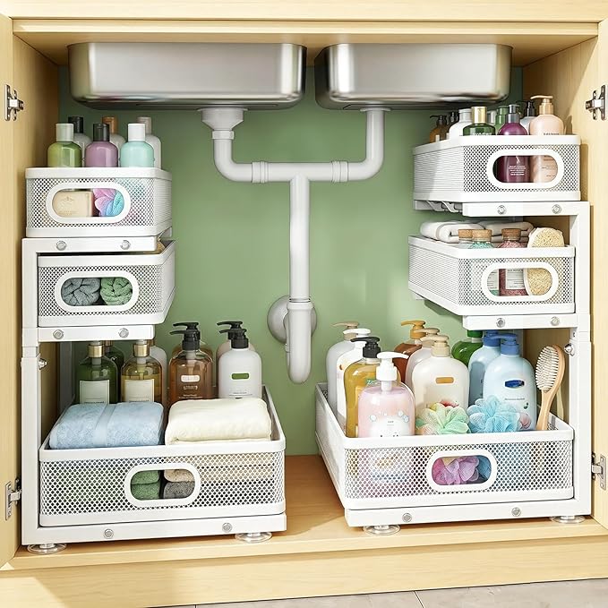 Under Sink Organizer, 2-Pack 3-tier Under Sink Storage Organizer Adjustable Height Easy Assembly Pull Out Cabinet Organizers Basket for Bathroom Kitchen Pantry Home Organization