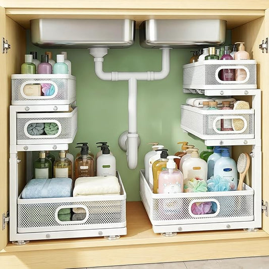 Under Sink Organizer, 2-Pack 3-tier Under Sink Storage Organizer Adjustable Height Easy Assembly Pull Out Cabinet Organizers Basket for Bathroom Kitchen Pantry Home Organization