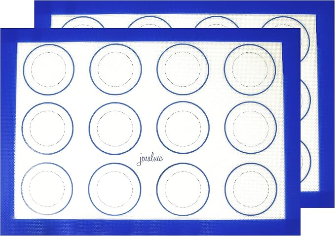 Jenaluca Silicone Baking Mats 2 Pack, Non-Stick, 16.5 x 11.6 inches | Food grade silicone pan liner with cookie measurements. Reusable for cookies, pastries & meal prep. Non-slip design.