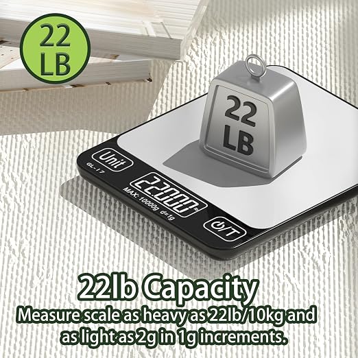 Food Scale Digital, 10kg/22lb Kitchen Scales Weight for Baking, Cooking, Keto and Meal Prep with 7 Units, Balance Alimentaire 1g Accuracy LCD Display, Grams Oz, Silver (Battery Included)