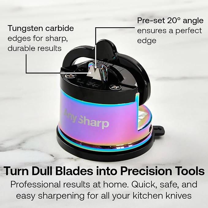 AnySharp – Chef – Hands Free Knife Sharpener - Easy to Use Sharpening Tool w/PowerGrip Suction Base and 20-Degree Pre-Set Angle - for All Knives: Chef's, Serrated, and Hardened Steel - Oil Slick