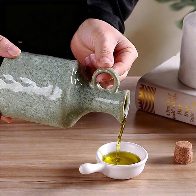 Green Ceramic Olive Oil Dispenser Bottle with Cork Stopper 13.5Oz | Reactive Glaze Texture Oil Bottle, Leak Proof Small Spout,Great for Storing Vinegar, Wine, Soy Sauce, Lemon Juice