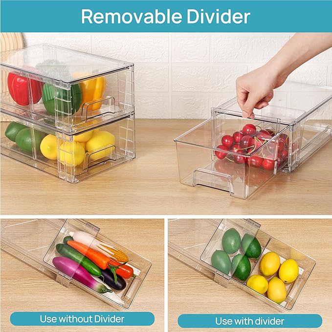 Vtopmart 10 Pack Stackable Clear Drawer with Dividers | Clear Drawer Organizers with Removable Dividers for Flexible storage. Stackable, Non-slip, for Fridge, Under Sink & Bthroom