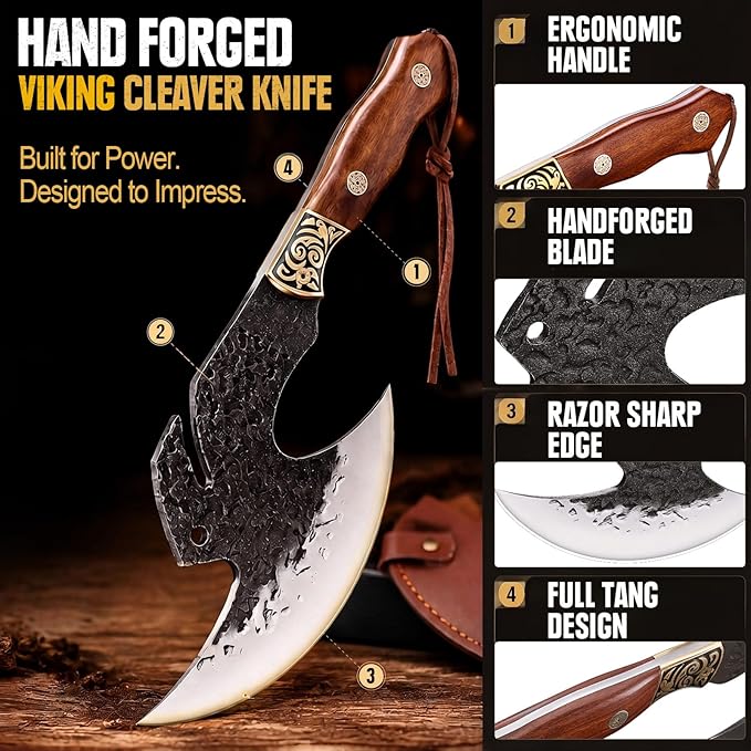 Topfeel Hand Forged Viking Knife 6.2" Meat Cleaver with Sheath, Chinese Kitchen Axe Boning Knife for Meat Cutting, High Carbon Steel Butcher Knife Home Outdoor BBQ Camping Birthday Gifts for Men Dad