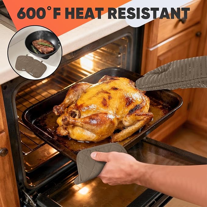 Oven Mitts Kitchen Towels and Dishcloths with Pot Holders Sets, Oven Gloves Hot Pads 500°F Heat Resistant with Silicone Grip, Include 2 Cooking Gloves/2 Potholders/4 Kitchen Towels/4 Dish Towels