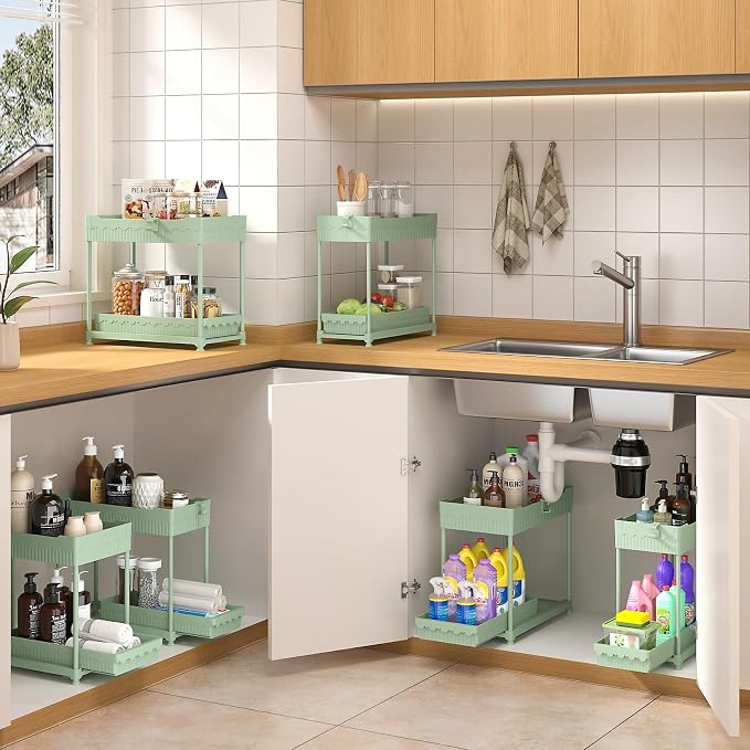 4-Pack 2-Tier Under Sink Organizer with Pull Out Drawers | Multi-use kitchen & bathroom storage. Includes hanging hooks and cups. Green, space-saving cabinet design. 14.8 Inch