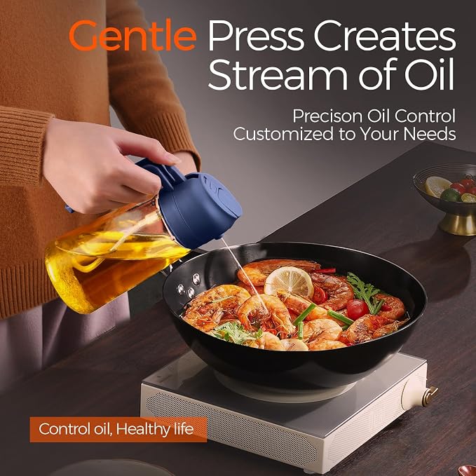 YARRAMATE 16 oz 2-in-1 Glass Olive Oil Sprayer for Cooking, Black&Navy | Food-grade dispenser bottle, 470 ml, spray and pour, portion control, stickers included, for salad, frying and BBQ