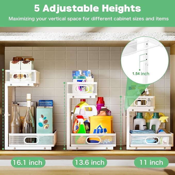 Under Sink Organizer, High Adjustable 2 Tier Under Sink Organizers and Storage, Slide out Metal Cabinet Organizers, Pull out Storage Drawer Shelf for Kitchen Bathroom Cabinet (White-1 pack)