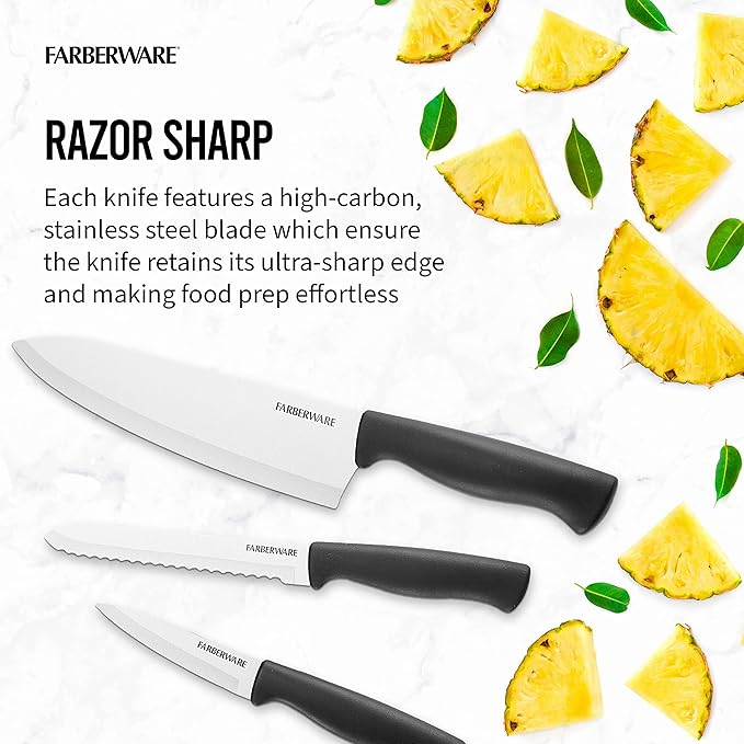 Farberware 3-Piece Chef Knife Set - High-Carbon Stainless Steel Kitchen Knives with Ergonomic Handle, Includes 8 In Chef, 5.5 In Utility and 3.5 In Paring Knife for Everyday Food Prep